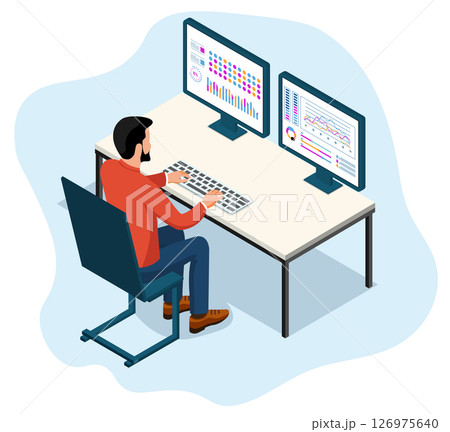 A businessman analyzes data with colorful charts and graphs on two large monitors, featuring design concepts for business data analysts and finance investment. A businessman analyzes data with colorful charts and graphs on two large monitors, featuring design concepts for business data analysts and finance investment. 126975640
