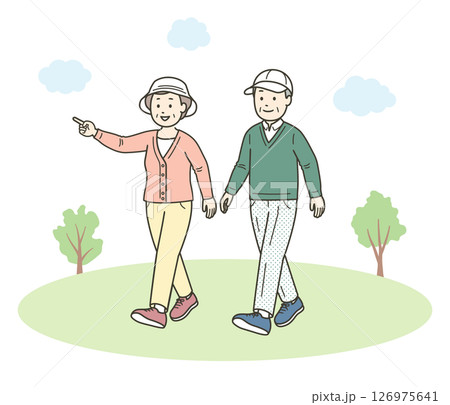 仲の良い老夫婦が公園で散歩を楽しんでいる全身イラスト 仲の良い老夫婦が公園で散歩を楽しんでいる全身イラスト 126975641