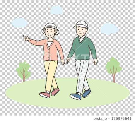 一對友好的老年夫婦在公園散步的全身插圖 126975641