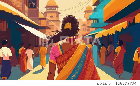 インドのサリーを着て街を歩く女性の後ろ姿 126975734