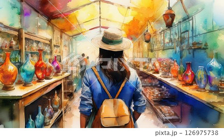 イタリアのベネチアングラスを見るアジア人女性 イタリアのベネチアングラスを見るアジア人女性 126975738