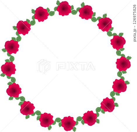 Floral Wreath Frame with Red Roses and Green Leaves  126975826