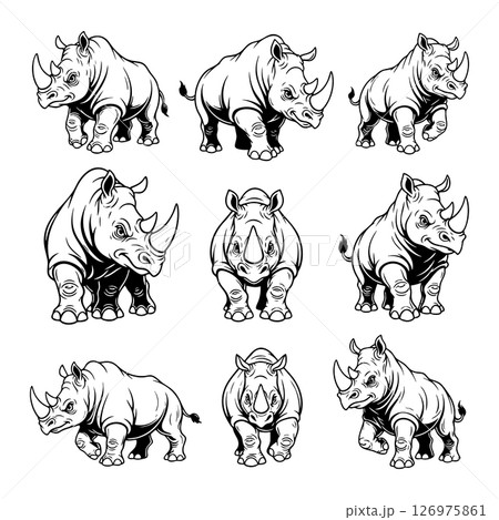 Collection of rhinoceros illustrations in various poses standing, charging, and frontal views. Perfect for wildlife art, logos, and educational designs. Animals. 126975861
