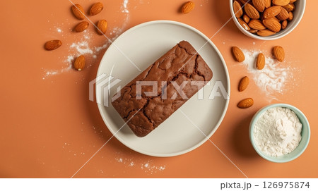 Chocolate loaf cake bread gluten free from almond flour homemade on white plate Chocolate loaf cake bread gluten free from almond flour homemade on white plate 126975874