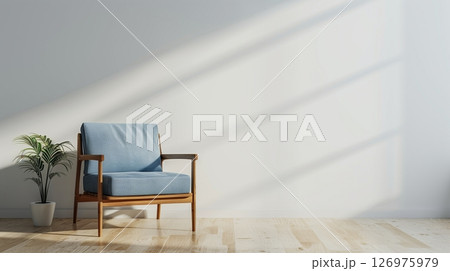 White blank wall with blue chair and shadow window sun light minimalism White blank wall with blue chair and shadow window sun light minimalism 126975979
