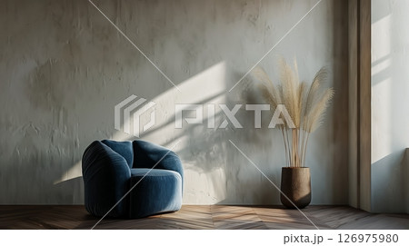 White blank wall with blue chair and shadow window sun light minimalism 126975980