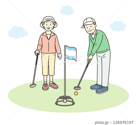 笑顔でグランドゴルフをする高齢者夫婦の全身イラスト 126976197