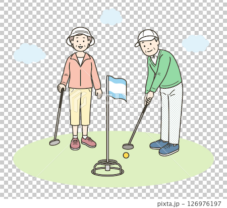 笑顔でグランドゴルフをする高齢者夫婦の全身イラスト 126976197