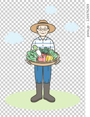 家庭菜園で収穫した野菜を持っている高齢者の全身イラスト 126976269