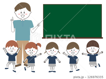 男性教師と制服を着た子供たちのイラスト 男性教師と制服を着た子供たちのイラスト 126976335