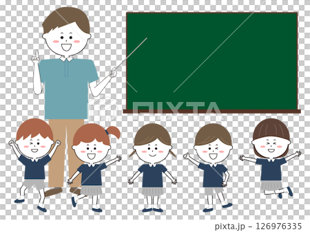 男性教師と制服を着た子供たちのイラスト 男性教師と制服を着た子供たちのイラスト 126976335