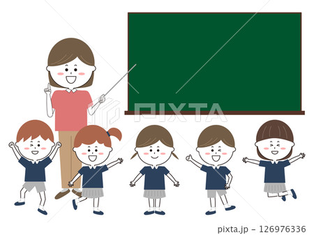 女性教師と制服を着た子供たちのイラスト 女性教師と制服を着た子供たちのイラスト 126976336