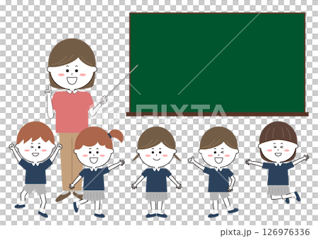 女性教師と制服を着た子供たちのイラスト 女性教師と制服を着た子供たちのイラスト 126976336
