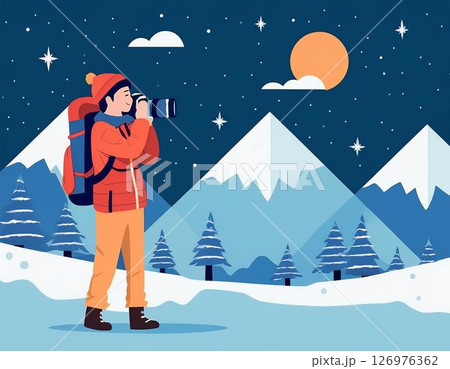 冬の雪山で写真を撮っている登山者 126976362