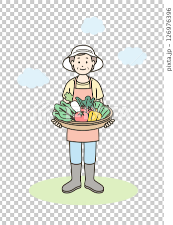 家庭菜園で収穫した野菜を持っている高齢女性の全身イラスト 126976396