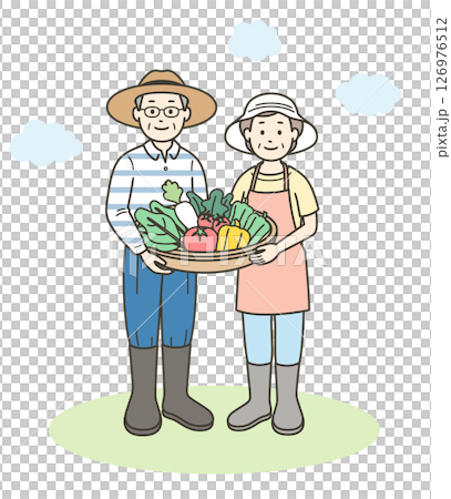 Full-body illustration of an elderly couple holding vegetables harvested in their home garden 126976512