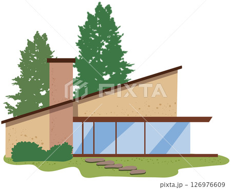 Modern glamping house with panoramic windows and wooden facade surrounded by fir trees. Stylish modular eco-home in forest Comfortable outdoor recreation concept. Flat vector illustration isolated 126976609