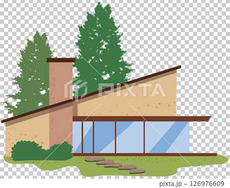 Modern glamping house with panoramic windows and wooden facade surrounded by fir trees. Stylish modular eco-home in forest Comfortable outdoor recreation concept. Flat vector illustration isolated 126976609