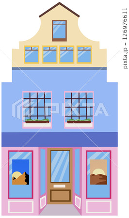 European house. Cute Dutch building with the gallery art. Colorful vector illustration in a hand-drawn childish Scandinavian style. Isolate on a white background 126976611