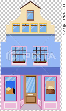 European house. Cute Dutch building with the gallery art. Colorful vector illustration in a hand-drawn childish Scandinavian style. Isolate on a white background 126976611