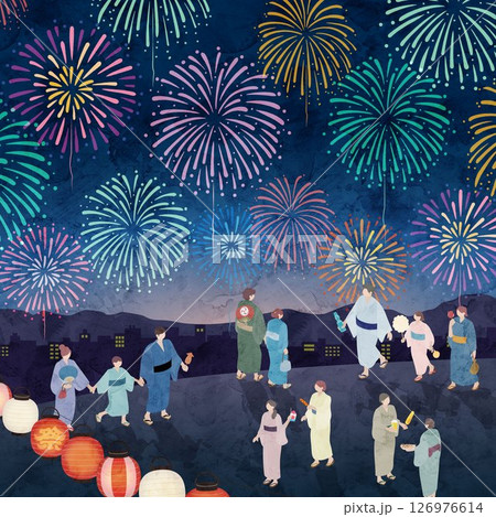 夏祭、花火大会の水彩風イラスト、日本の祭 126976614