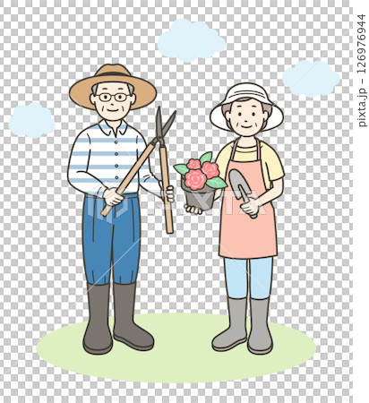 Full-body illustration of an elderly couple enjoying gardening Full-body illustration of an elderly couple enjoying gardening 126976944