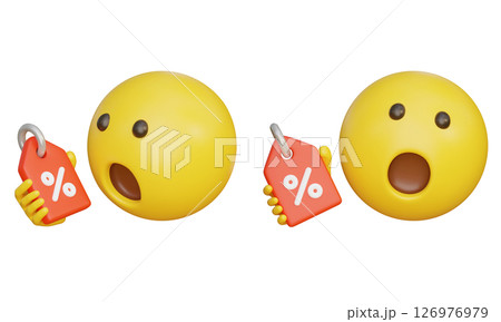 Surprised emoji holding a discount label 3D graphic Surprised emoji holding a discount label 3D graphic 126976979