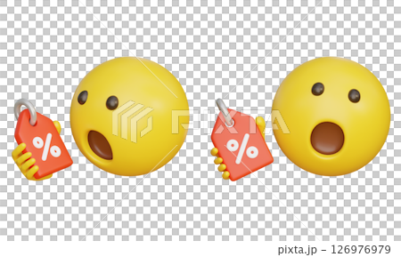 Surprised emoji holding a discount label 3D graphic Surprised emoji holding a discount label 3D graphic 126976979