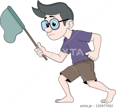Cartoon Boy Holding Insect Net on Holiday 126977002