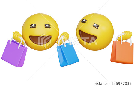 Happy expression emoji holding shopping bags in both hands 3D graphic 126977033