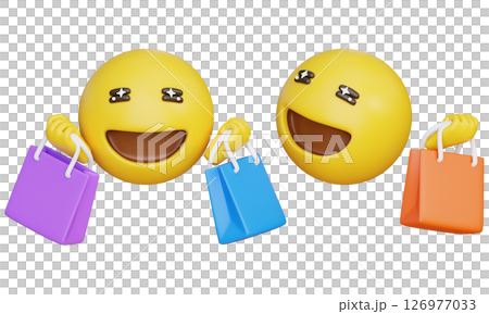 Happy expression emoji holding shopping bags in both hands 3D graphic 126977033