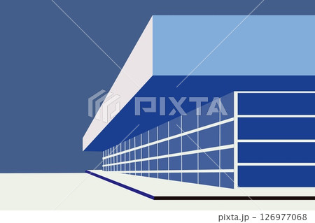 A stylized minimalist vector illustration of a modern building with strong geometric lines and shades of blue. The composition emphasizes perspective and symmetry, creating a clean and futuristic 126977068