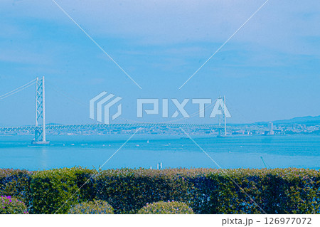 日中　空が広がる明石海峡大橋 126977072