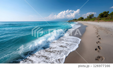 Calm beach with footprints in sand, turquoise sea, blue sky, peaceful summer day Calm beach with footprints in sand, turquoise sea, blue sky, peaceful summer day 126977166