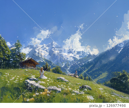 スイスのアルプス山脈と青空　油絵風の風景イラスト 126977498