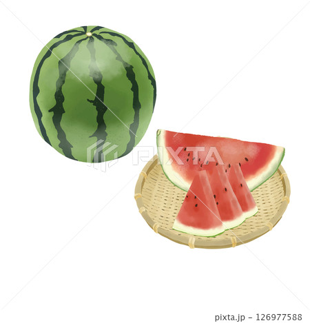 水彩風 竹ザルの上のスイカ 丸ごとスライスのセット 水彩風 竹ザルの上のスイカ 丸ごとスライスのセット 126977588
