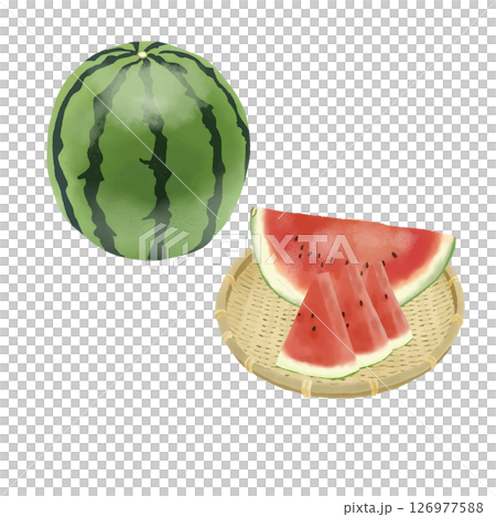 水彩風 竹ザルの上のスイカ 丸ごとスライスのセット 水彩風 竹ザルの上のスイカ 丸ごとスライスのセット 126977588