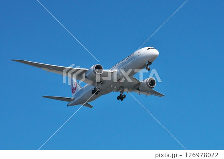 冬 城南島海浜公園から望む羽田空港に着陸体制に入った旅客機青空に映える 126978022