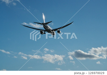 冬晴れの城南島海浜公園から望む羽田空港へ着陸に向かう旅客機 逆光に尾翼輝く 126978029