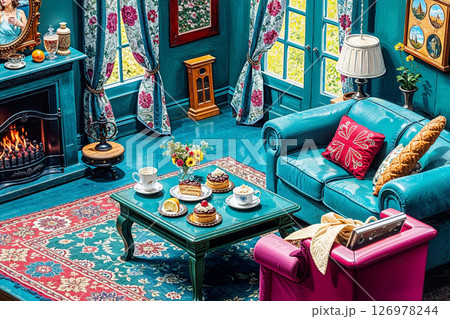 A vibrantly colored living room with a cozy fireplace, intricate rug, and floral curtains. There are pastries, coffee, and unique decor for an inviting space. 126978244