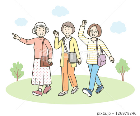 仲の良い高齢女性グループが旅行先で楽しんでいる全身イラスト 仲の良い高齢女性グループが旅行先で楽しんでいる全身イラスト 126978246
