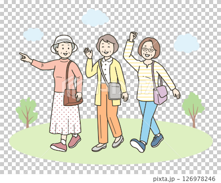一群友善的老年婦女在旅遊目的地玩得開心的全身插圖 126978246