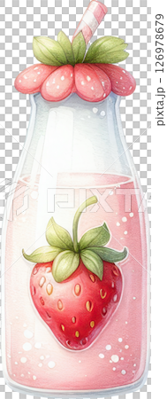 Refreshing strawberry drink in a glass bottle 126978679