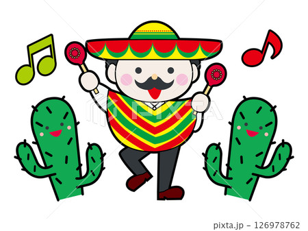 主線のある踊る愉快なメキシコのおじさんとサボテンのイラストの