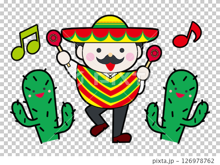 主線のある踊る愉快なメキシコのおじさんとサボテンのイラストの