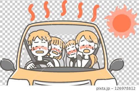 一家人在酷暑中開車/一家人的向量插圖 126978812