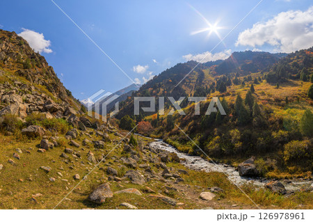 Mountain Gorge River with Autumn Foliage and Rocky Cliffs 126978961