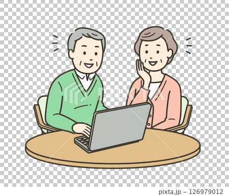 Illustration of an elderly man smiling and operating a laptop computer and an elderly woman watching over him 126979012