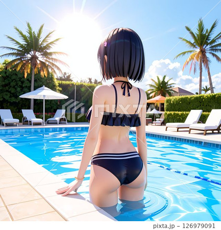 プールサイドにいる黒い水着を着た女性の後ろ姿 126979091
