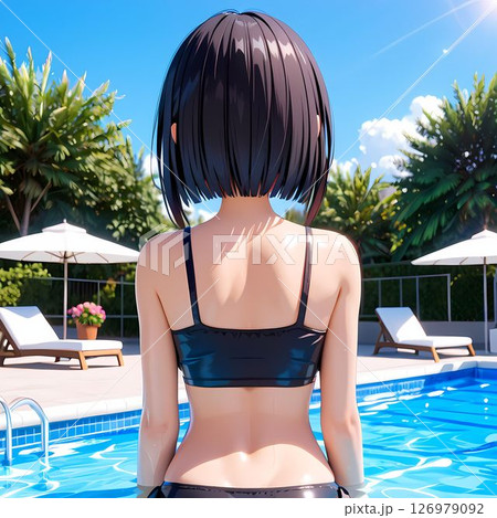 プールサイドにいる黒い水着を着た女性の後ろ姿 126979092